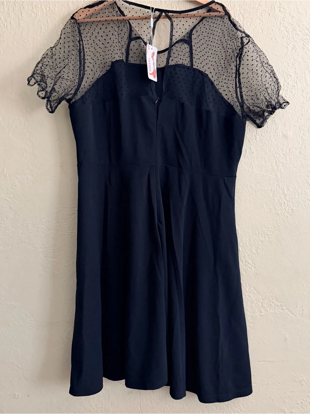 Classic Black Fit-and-Flare Dress with Sheer Polka Dot Yoke - Picture 3 of 4